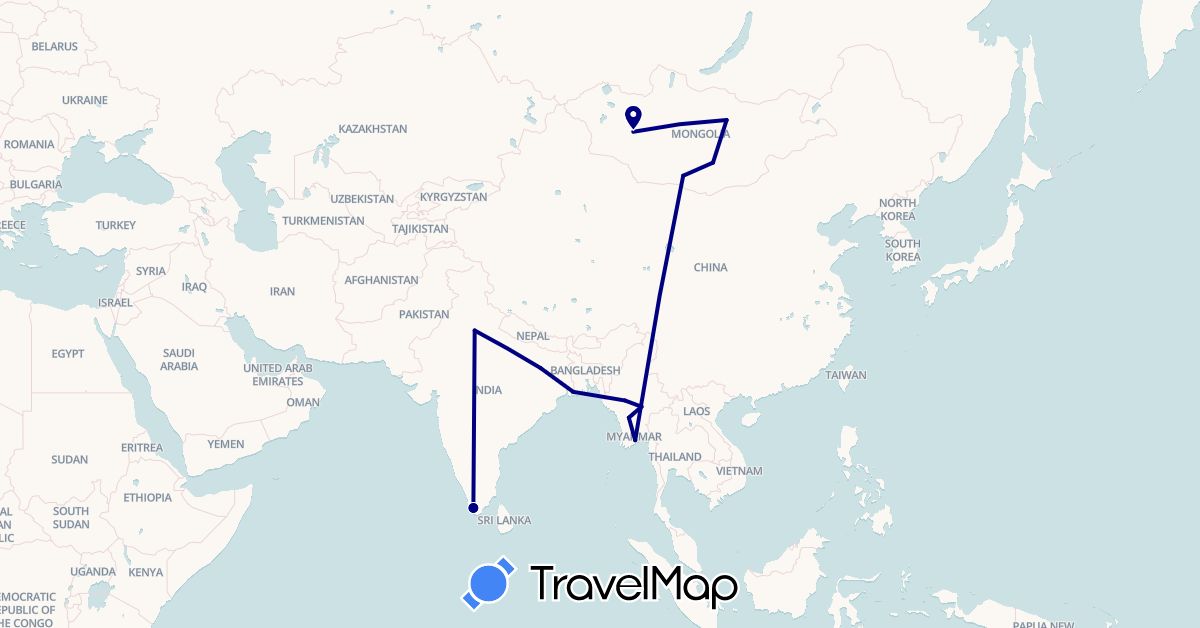 TravelMap itinerary: driving in India, Myanmar (Burma), Mongolia (Asia)